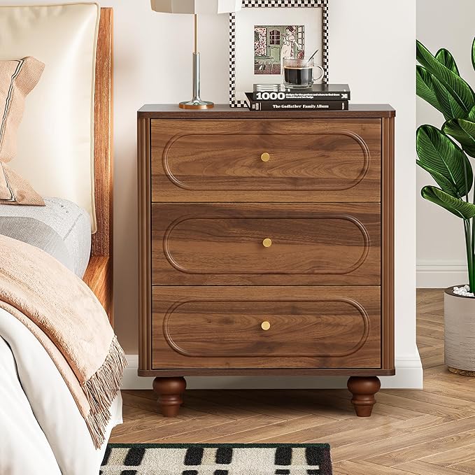 3 Drawer Fluted Dresser for Bedroom, Mid Century Modern Chest of Drawers, Wood Storage Small Dresser Organizer for Bedroom Living Room Hallway Closet, Walnut