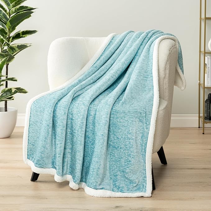 PAVILIA Melange Teal Blue Sherpa Blanket Throw Couch, Warm Soft Cozy Reversible Blanket Sofa Bed, Thick Plush Large Fleece Car Blanket, Decorative Home Room Decor Gifts Men Women, 50x60 Turquoise Aqua