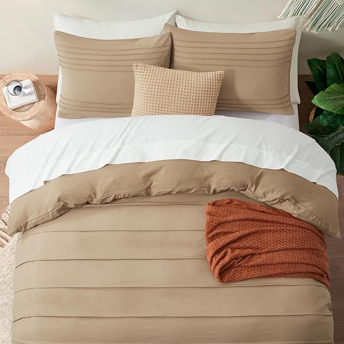 Oli Anderson Khaki Duvet Cover King Size - Pleated King Duvet Cover, 3PCS Soft and Breathable Textured Bedding Set with Zipper Closure(Khaki,104"x90")