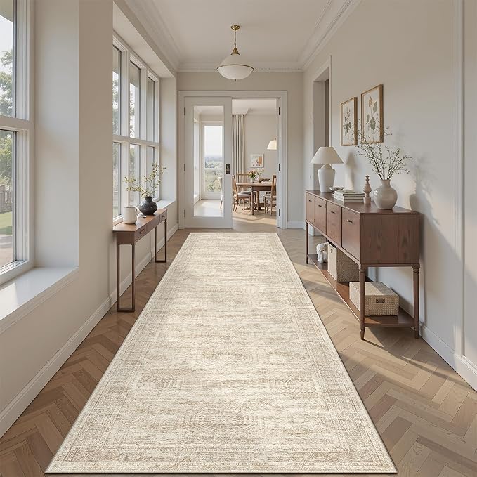 Runner Rug 2'6" x 12' Washable Non-Slip Runner Rugs for Kitchen Bathroom Laundry Room Vintage Ultra Thin Runners for Hallway Entryway Beige