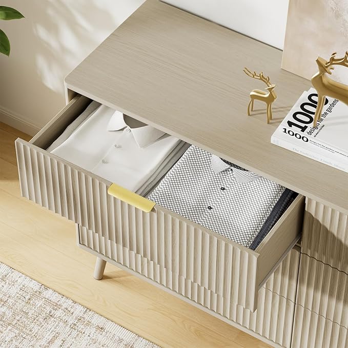 LYNSOM 55" Wide Fluted Dresser for Bedroom with 6 Drawer, Modern Chest of Drawers with Curved Profile Design and Metal Handles, Wood Dresser TV Stand & Storage Organizer for Living Room, Beige