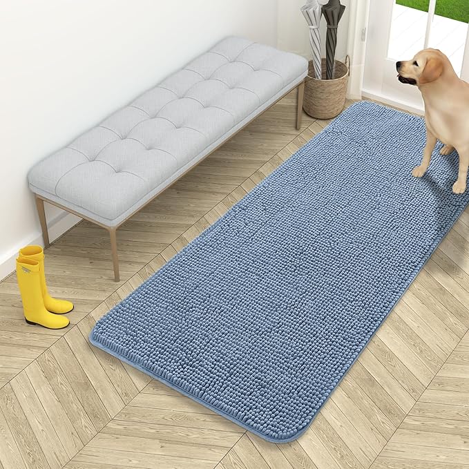 OLANLY Dog Door Mat for Muddy Paws 54x24, Absorbs Moisture and Dirt, Absorbent Non-Slip Washable Doormat, Quick Dry Chenille Mud Mat for Dogs, Entry Indoor Entryway Carpet for Inside Floor, Airy Blue