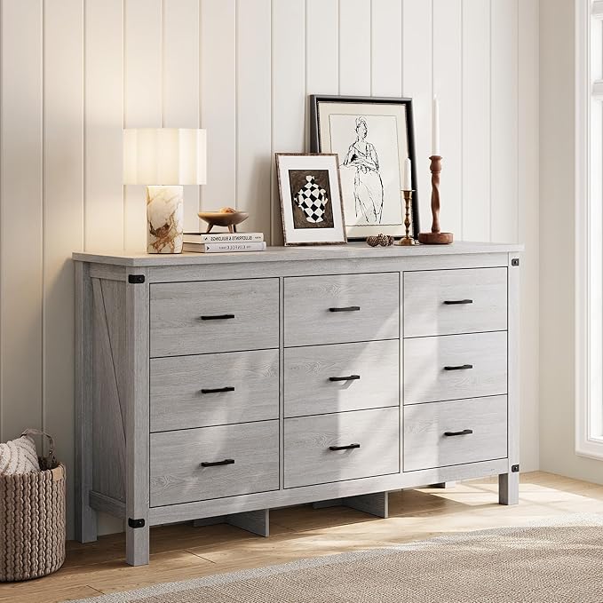 LINSY HOME Dresser for Bedroom with 9 Drawers, 59” Wide Chest with Deep Drawer, Modern Farmhouse Dresser TV Stand with Metal Handles, Wood Storage Cabinet for Closet, Living Room, Hallway, Wash Grey