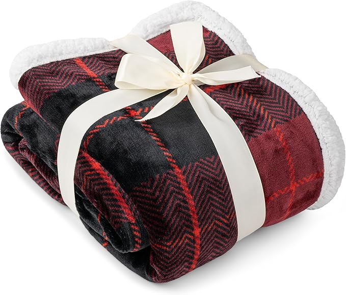 PAVILIA Red Plaid Sherpa Throw Blanket for Couch, Plush Flannel Fleece, Soft Fuzzy Cabin for Sofa Bed, Warm Cozy Winter Gift, 50x60