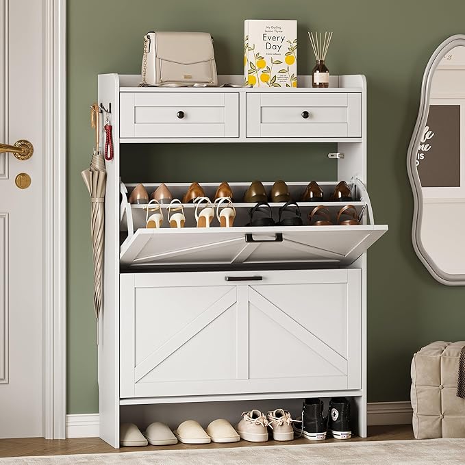 Shoe Storage Cabinet for Entryway, Farmhouse Narrow Shoe Cabinet with 2 Flip Drawers & Top Drawers, Adjustable Shelves & Hooks, Freestanding Hidden Rack Organizer for Hallway, Foyer