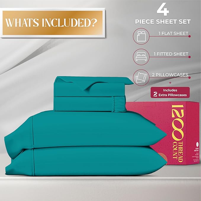 Mayfair Linen 100% Egyptian Cotton Queen Sheet Set - Luxury 1200 High Thread Count Egyptian Cotton Sheets Queen Size (4 PC, Teal), Silky Soft, Cooling, 17" Deep Pocket Sateen Weave Hotel Bedding