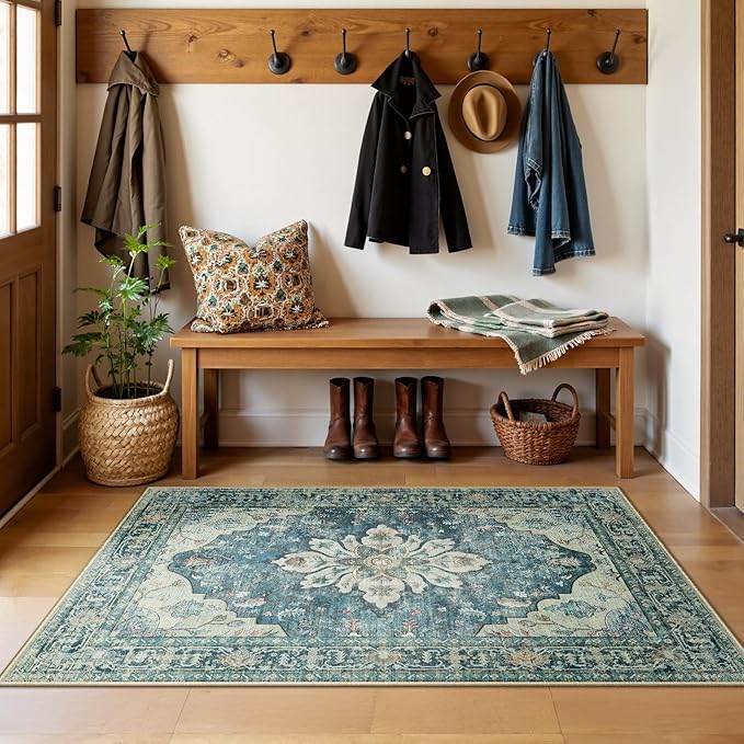 Area Rugs 3'x5' Washable Non-Slip, Floral Vintage Distress Print Pattern Medallion Carpet for Living Room Bedroom Dining Room, Dark Blue Vintage