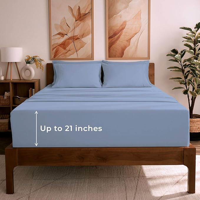 Mellanni King Sheet Set - 6-Piece Iconic Collection Bedding, (Including 4 Pillowcases), 21-Inch Extra Deep Pocket, Easy Care, Ultra Soft, Cooling Sheets, Brushed Microfiber - Sky Blue