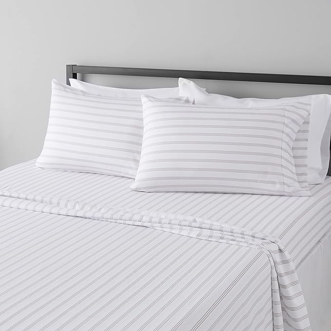 Amazon Basics Lightweight Super Soft Easy Care Microfiber 4 Piece Bed Sheet Set with 14-Inch Deep Pockets, Queen, Taupe Stripe, Striped