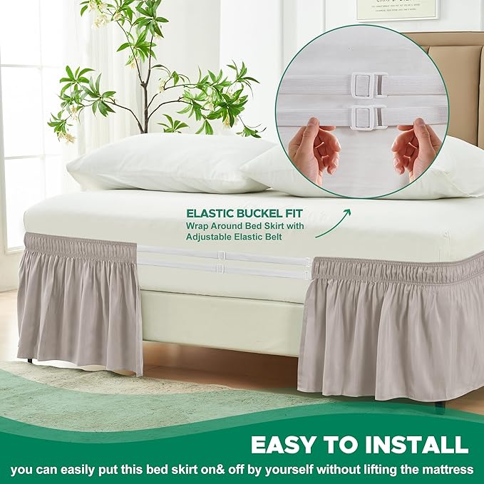 Biscaynebay Wrap Around Bedskirts for King & Cal King Beds with 18" Drop, Camel Grey Adjustable Elastic Dust Ruffles Easy Fit Wrinkle Resistant Silky Luxurious Fabric Machine Washable