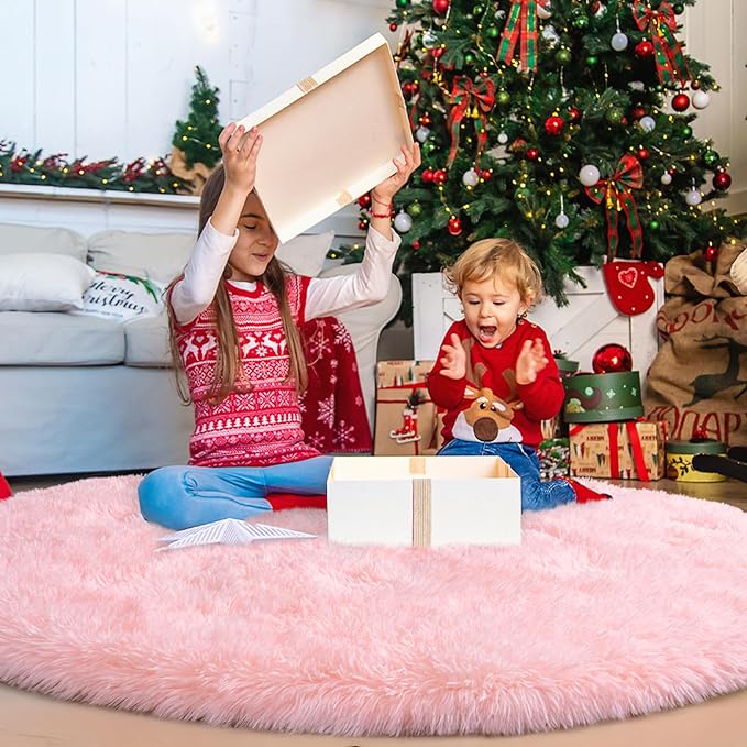 Round Fluffy Pink Rug for Bedroom, 4Ft Fuzzy Shag Circle Area Rug for Girls Kids Room Nursery, Soft Non Slip Plush Carpet for Dorm Living Room Home Decor