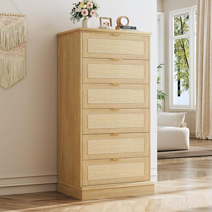6 Drawer Tall Dresser for Bedroom, 50 Inch Tall Dressers & Rattan Chest of Drawers, Boho Style, Wood Modern Dressers Organizer for Bedroom, Living Room, Hallway, Entryway, Natural Oak