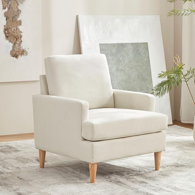 VKNOW Mid-Century Accent Chair, No Tools Assembly Required, Modern Upholstered Polyester Armchair for Living Room,Comfy Reading Accent Chairs with Wood Legs for Bedroom, Beige