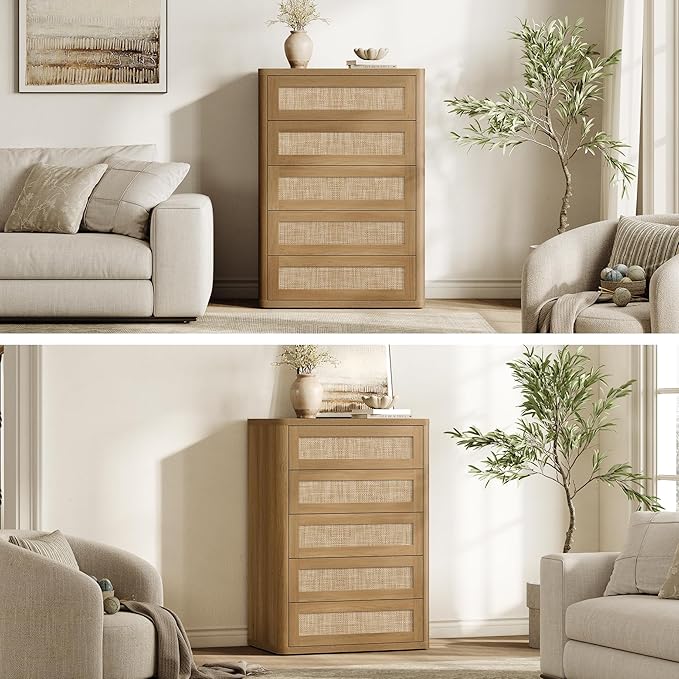 SICOTAS Tall Dresser for Bedroom - Rattan 5 Drawer Dressers Chest of Drawers with Push-to-Open Design, Modern Extra Deep Clothes Dresser with Large Storage for Closet, Living Room, Amber Oak, 2PCS