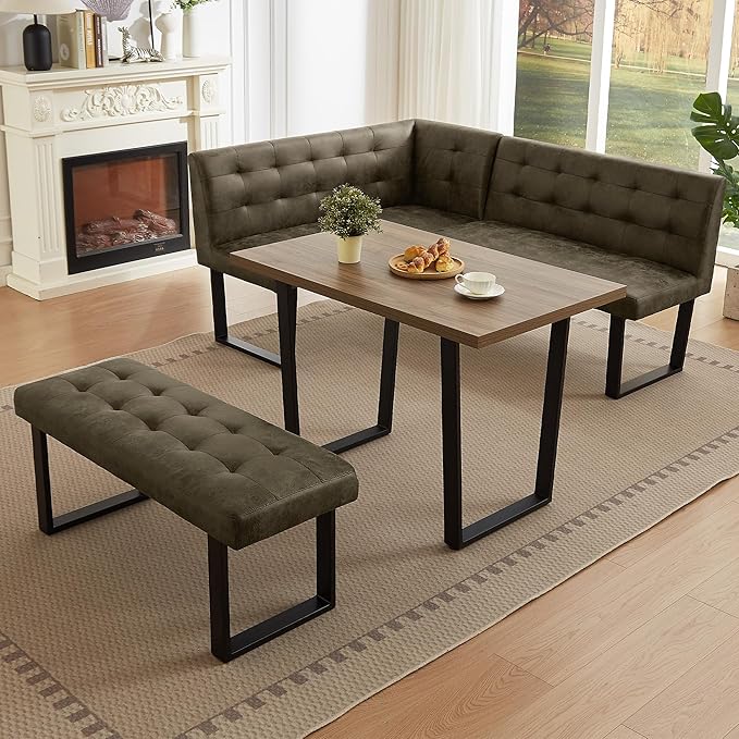 3-Piece Corner Dining Table Set with Bench, 70 Inch Space-Saving Breakfast Nook for Kitchen & Dining Room(Walnut Table+Right Seat Brown Bench)