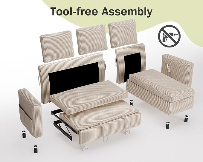 Vipbear 80" Sectional Sleeper Sofa Bed with Pull Out Bed, L Shaped Couch Pull Out Couch with Reclining Backrest, Reversible Storage Chaise, USB Ports, Tool-Free Assembly, Corduroy Beige Color