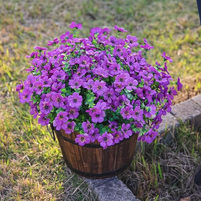 HyeFlora Artificial Flowers for Outdoor Indoor Garden Home Decoration, Faux Flower Daisy with Eucalyptus Leaves Fake Plants Greenery Boxwood Porch Patio, 12 Bundles (Purple)