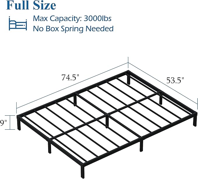 9 Inch Full Size Bed Frame Heavy Duty Low Profile Metal Platform No Box Spring Needed Mattress Foundation, Easy to Assembly, Noise Free, Black