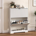 Shoe Cabinet Storage for Entryway with 2 Flip Drawers, White Fluted Shoe Cabinet with Open Storage, Wooden Hidden Shoe Rack Freestanding Narrow Slim Shoes Organizer for Hallway, Entrance