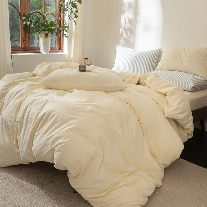FOSSA Striped Duvet Cover Set 100% Washed Cotton Linen Feel Super Soft Breathable Cozy 3 Pieces Bedding Sets Pastel Yellow Classic Stripes King