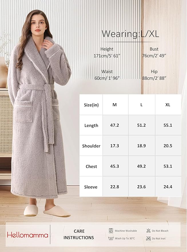 Hellomamma Long Bath Robe for Womens Plush Soft Fleece Bathrobes Nightgown Ladies Pajamas Sleepwear Housecoat