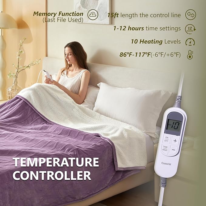 Heat Blanket 62”x84” Twin Size,Soft Flannel & Sherpa Reversible Electric Blanket with 10 Heat Settings,12 Timer Setting and 8 Hours Auto-Shut Off,ETL Certified Machine Washable,Purple