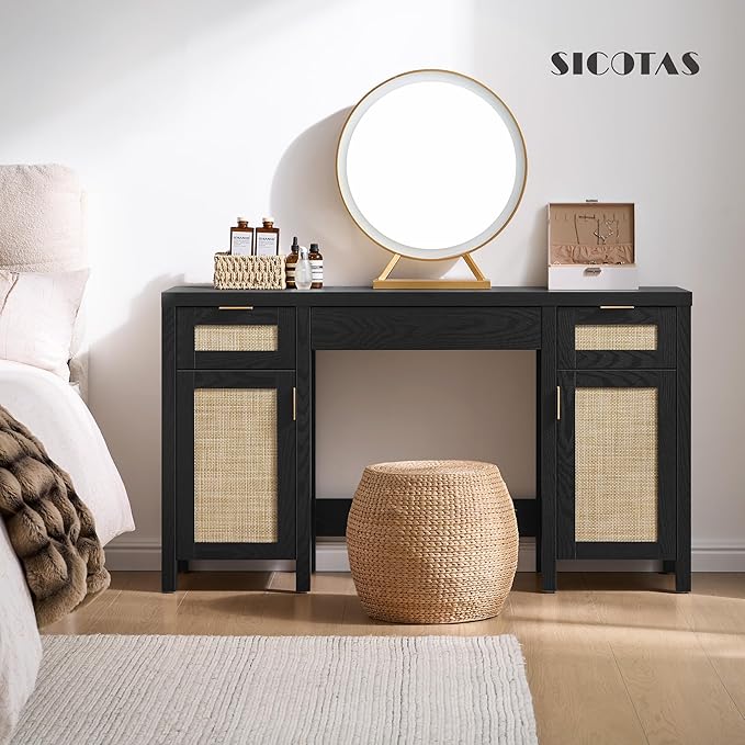 SICOTAS Rattan Vanity Home Office Desk - 52" Large Farmhouse Boho Makeup Vanity Dressing Table with 3 Drawers & 2 Storage Cabinets, Vanities Desk for Makeup Room, Bedroom, Home Office, Black Oak