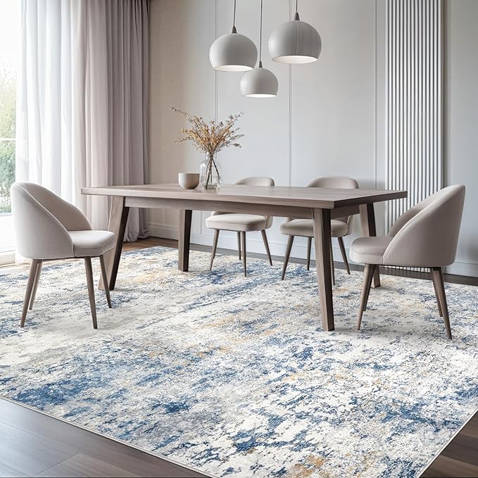 Area Rug Living Room Rugs - 4x6 Abstract Large Soft Indoor Washable Rug Neutral Modern Low Pile Carpet for Bedroom Dining Room Farmhouse Home Office - Blue
