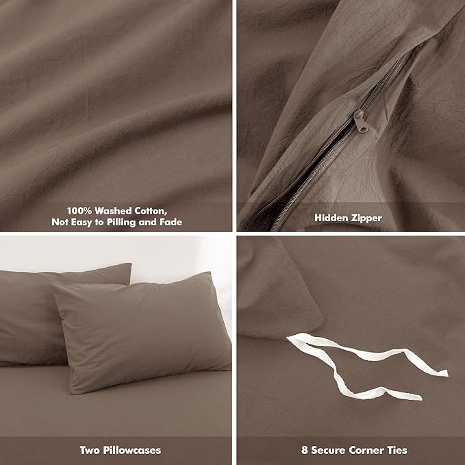 FOSSA Duvet Cover Set 100% Washed Cotton Linen Feel Super Soft Breathable Cozy 3 Pieces Bedding Sets Solid Pale Brown Oversized Queen
