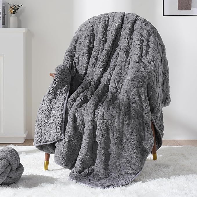 Sivio Weighted Blanket Full Size 12 lbs for Adults, Sherpa Fleece Weighted Blanket Jacquard Heavy Blanket for Sleeping, Reversible Super Soft Warm Cozy Fluffy Blanket for Adult, 48 x 72inches, Grey