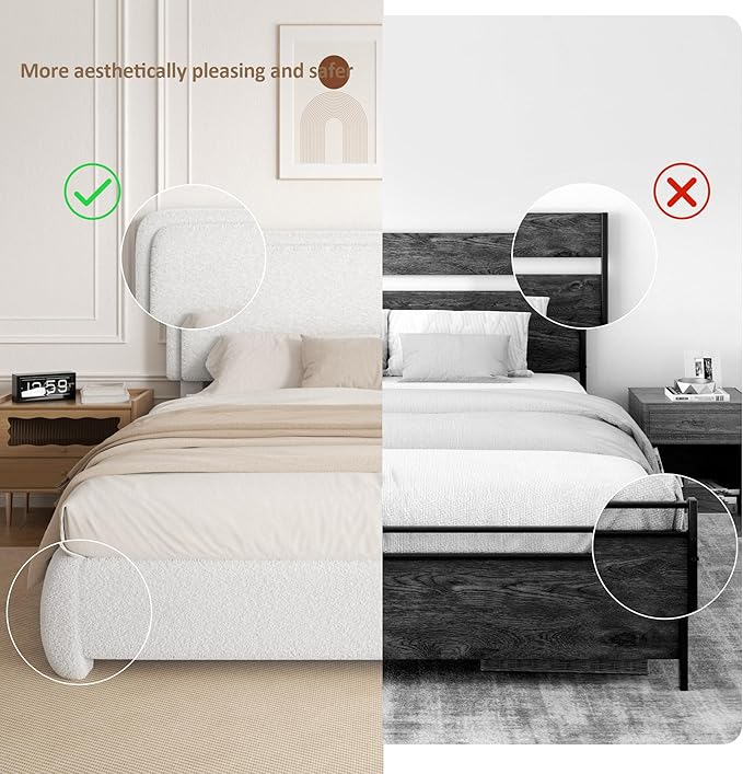 Queen Size Boucle Platform Bed Frame, Upholstered Cloud with Adjustable Headboard, Anti-Collision Soft Rounded Corners, No Box Spring Required, Easy Assembly, Noise Free