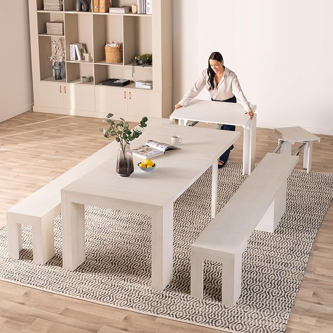 Transformer Table - Solid Wood Extendable Dining Table, Seats 2-12, Extendable Dining Room Table, Space-Saving Furniture, Expandable Dining Furniture (White, Table + 2 Benches)