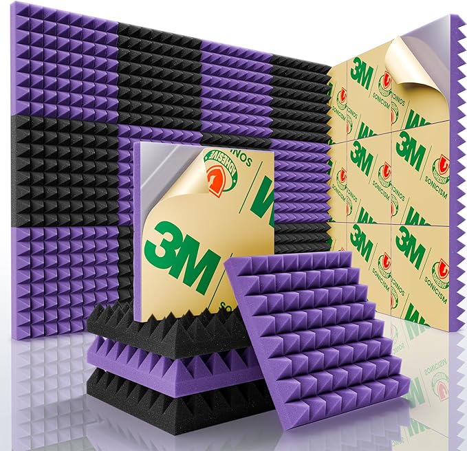 Sonicism Soundproof Wall Panels Self-Adhesive Pyramid 36 Pack,2" X 12" X 12" Acoustic Panels High Density Sound Proof Foam Panels for walls Fast Expand,Sound Absorption & Decoration(Black/Purple)