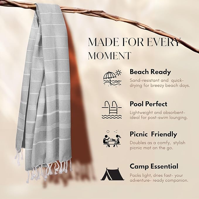 Native Fab Large Turkish Towels Set of 4, Lightweight, Quick Dry, Durable, Absorbent, 100% Cotton, Perfect for Beach, Travel, Pool, Spa, Bath - Ash Grey, Beige, Light Orange, Pink
