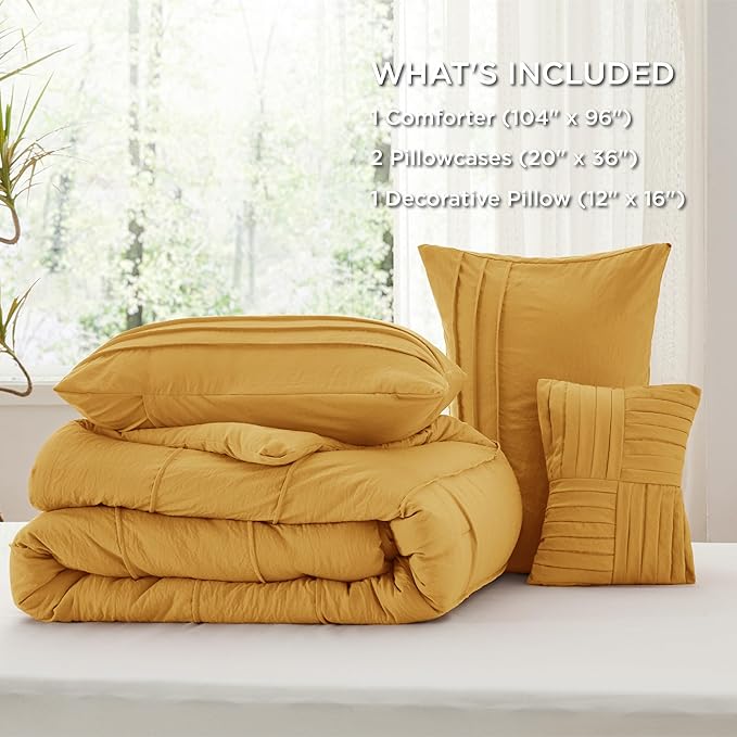 Bedsure California King Comforter Set - 4 Pieces Pinch Pleat Bed Set, Mustard Yellow Boho Bedding for All Season, 1 Soft Comforter, 2 Pillowcases, 1 Decorative Pillow