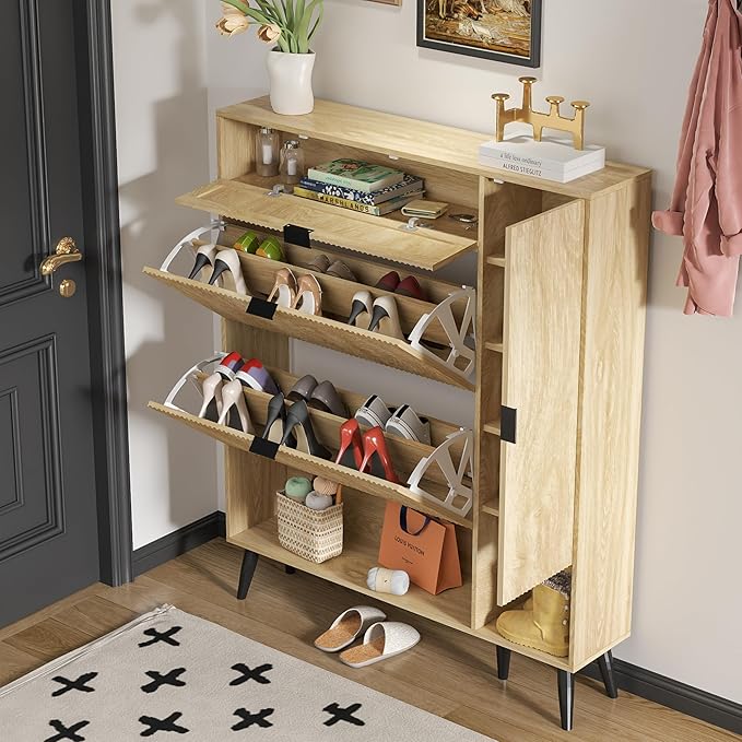 Shoe Storage Cabinet with 2 Flip Drawers, Narrow Shoe Cabinet for Entryway, Freestanding Slim Hidden Shoe Organizer Cabinet with Doors, Adjustable Shelf, Open Storage Space (Wood)