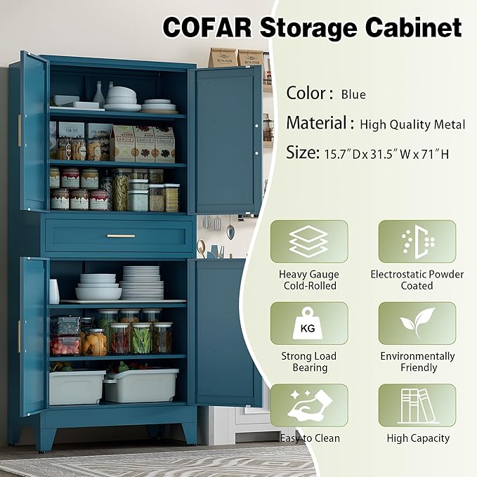 COFaR Farmhouse Storage Kitchen Pantry Cabinet with 4 Barn Door, 4 Adjustable Shelves, Drawer and Legs, for Cupboard/Dining Room/Bathroom/Living Room/Office/Laundry Room(Blue Green, 71" Metal Cabinet)