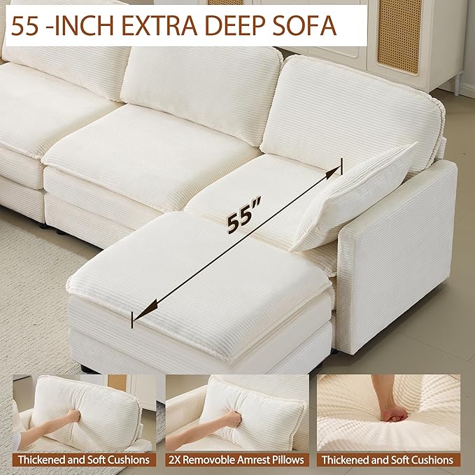 Plush Cloud 3-Seater Sofa with 2 Footstools and Beige Chenille Cushions, Modular 4-Seater Sofa for Small Space Apartment Living Room Bedroom