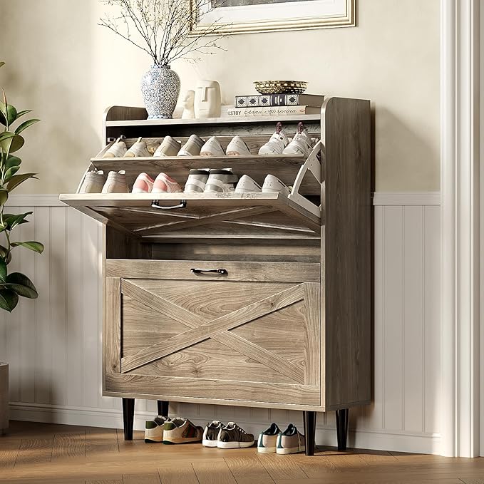 VINGLI Shoe Storage Cabinet for Entryway with 2 Flip Drawers, Ultra Slim Freestanding Entryway Shoe Organizer with Wood Tapered Legs,Hidden Closed Shoe Rack,31.6" W * 9.4" D * 39.4" H, Grey Oak