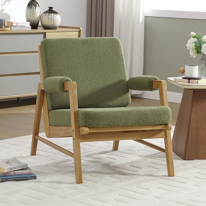 HEAH-YO Modern Accent Chair, Upholstered Boucle Fabric Living Room Chair with Wooden Frame, Comfy Armchair with Thick Cushion for Bedroom Balcony, Green