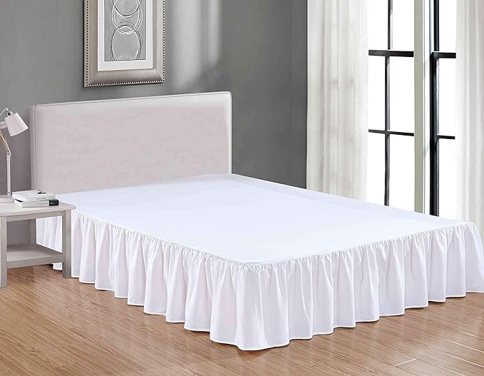 Sheets & Beyond Wrap Around Solid Microfiber Luxury Hotel Quality Fabric Bedroom Gathered Ruffled Bedding Bed Skirt 14 Inch Drop (Queen, White)