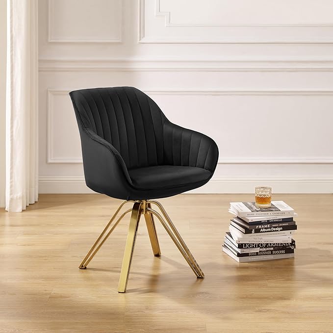 Zouron Swivel Accent Chair with Gold Metal Legs, Velvet Desk Chair Without Wheels for Living Room Bedroom Office, Black