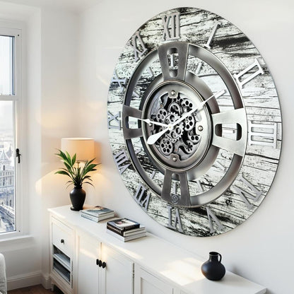 The Gears Clock Real Moving Gear Wall Clock England Line (Grey & White, 36 inches (90 cm))