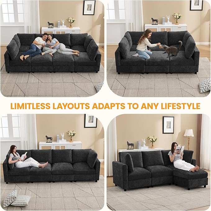 89'' 3-Seater Modular Sectional Cloud Sofa with Ottoman, L-Shaped Couch for Living Room, Modern Convertible Deep Seats Sofa, Chenille Dark Grey