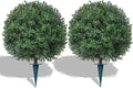 Artificial 23" Boxwood Topiary Trees with Ground Spike,2 Pieces Fake Pine Shrubs Bushes, UV Resistant Faux Evergreen Cypress Tree Plants for Indoor Outdoor Planters Front Porch