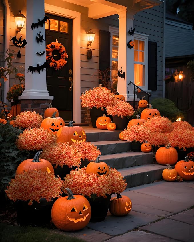 Artificial Fall Flowers Faux Mums for Outdoor Planters,Orange Red 16 Bundles Silk Fake Plants UV Resistant for Outside,Autumn Decorations for Porch,Pot,Window Boxes,Front Yard,Thanksgiving Home Decor