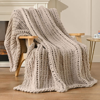 Esterra Chunky Knit Blanket Throw 50"x60", 100% Hand Knitted Chenille Throw Blanket, Cozy Soft Thick Cable Knit Throw Large Rope Knot Crochet Throw Blanket for Sofa Couch Bed, Linen Beige
