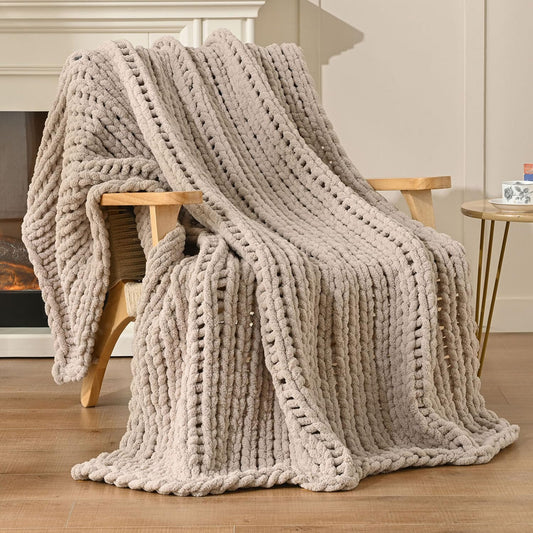 Esterra Chunky Knit Blanket Throw 50"x60", 100% Hand Knitted Chenille Throw Blanket, Cozy Soft Thick Cable Knit Throw Large Rope Knot Crochet Throw Blanket for Sofa Couch Bed, Linen Beige