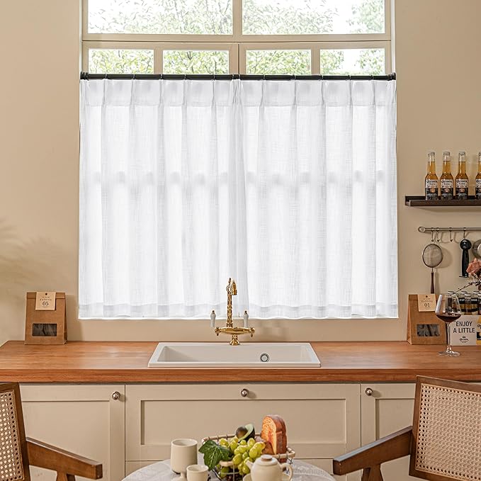 Pinch Pleated White 36 Inch Length Kitchen Curtains 2 Panels Set Linen Blend Semi Sheer Privacy Pinch Pleat Back Tab Light Filtering Curtains for Bathroom Window Small Window Drapes for Laundry