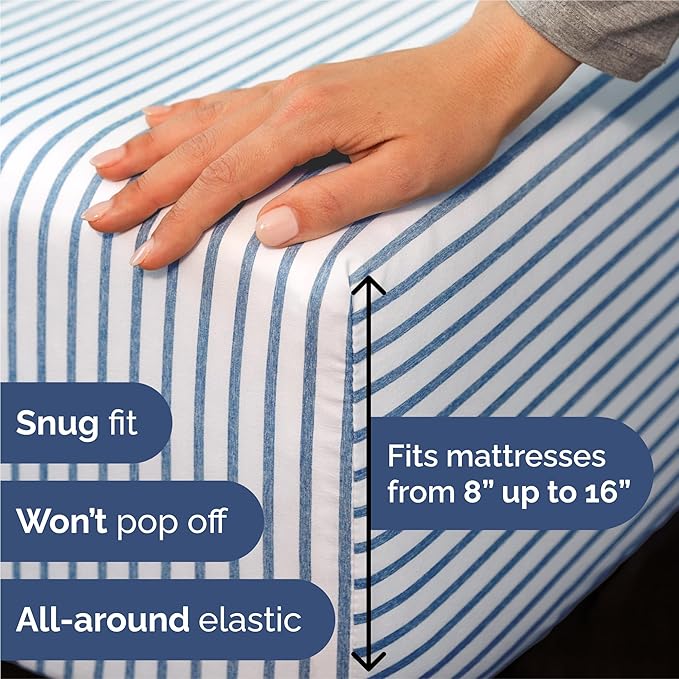 Split King 7 Piece Sheet Set - Cooling & Breathable - Hotel Luxury Bedding Includes Fitted Sheets for Women, Men, Kids & Teens - 1 Flat, 2 Fitted Sheets, 4 Pillowcases w/Deep Pockets - Blue Stripes